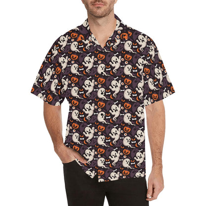 Halloween Men Hawaiian shirt, Ghost Pumpkin Scary Trick Treat Print Vintage Retro Summer Hawaii Aloha Beach Plus Size Button Up Shirt Starcove Fashion