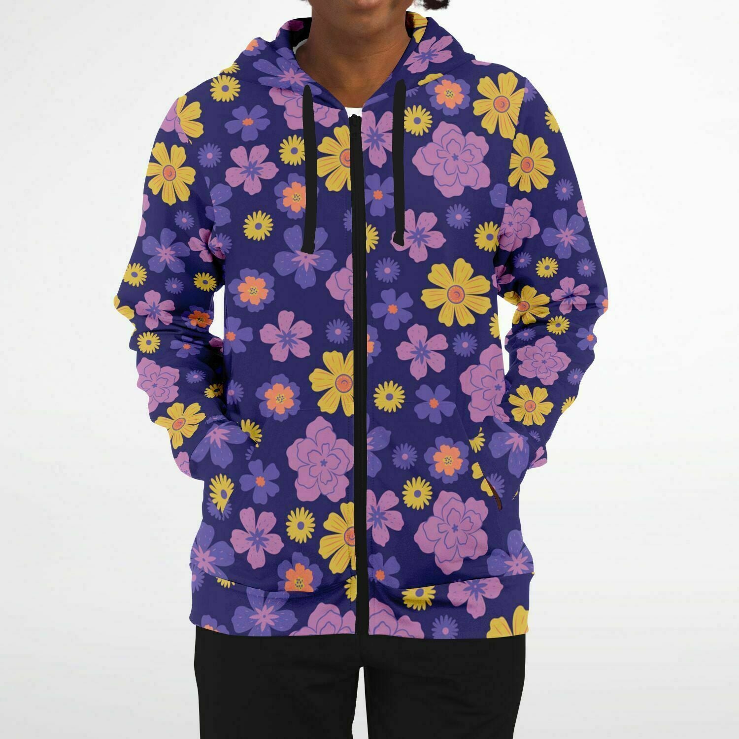 Floral Zip Up Hoodie, Blue Purple Flowers Front Zipper Pocket Men Women Unisex Adult Aesthetic Graphic Cotton Fleece Hooded Sweatshirt Starcove Fashion