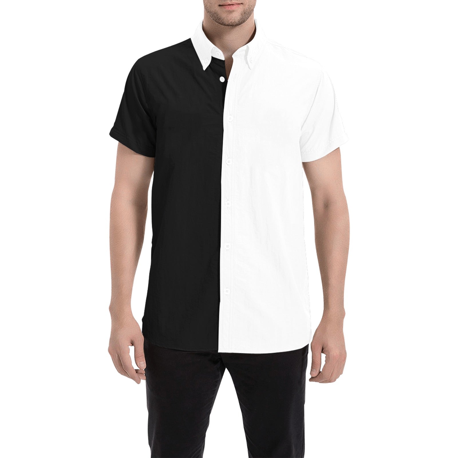 Black and White Short Sleeve Men Button Down Shirt, Half and Half Split Print Casual Buttoned Summer Dress Collared Plus Size XL