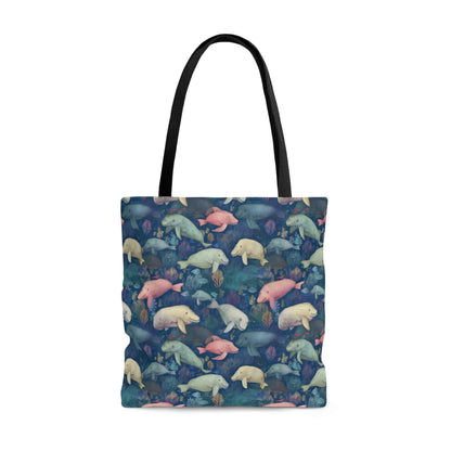 Manatee Tote Bag, Watercolor Blue Ocean Sea Coral Cute Canvas Shopping Small Large Travel Reusable Aesthetic Shoulder Bag Starcove Fashion