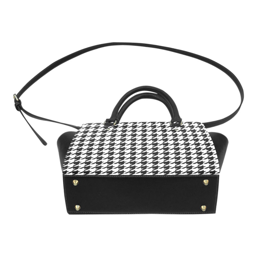 Houndstooth Shoulder Purse Handbag, Black White High Grade Vegan Leather Designer Women Gift Satchel Top Handle Zip Bag Strap