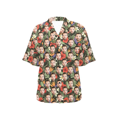 Custom Face Women Hawaiian shirt, Personalized Photo Ladies Print Vintage Retro Hawaii Aloha Tropical Beach Plus Size Button Up Shirt