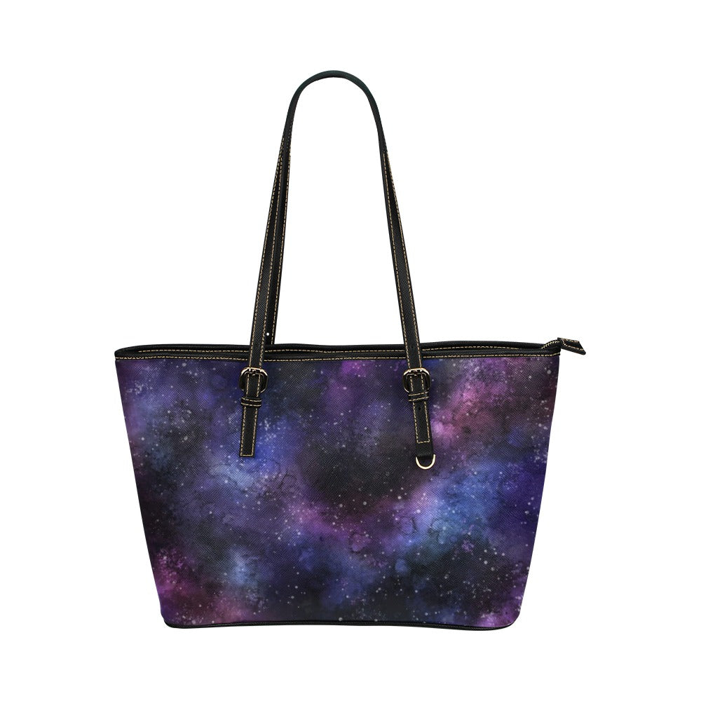 Galaxy Space Tote Bag Purse, Purple Stars Print Handbag High Grade Leather Zip Top Small Designer Handmade Shoulder Bag For Women Starcove Fashion