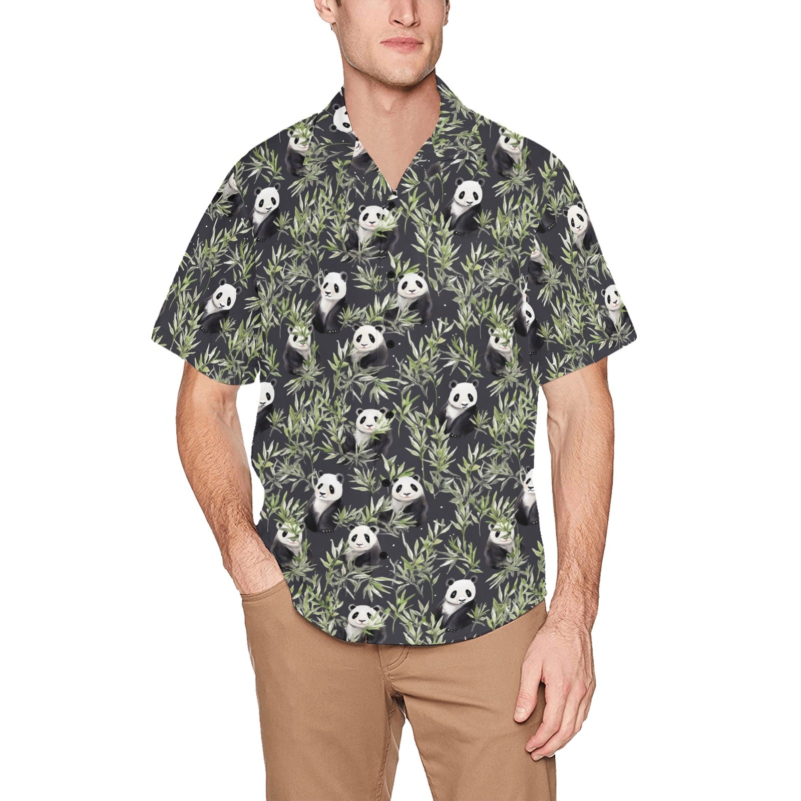 Panda Men Hawaiian shirt Chest Pocket, Bamboo Leaves Black Green Print Retro Summer Hawaii Aloha Beach Plus Size Cool Button Down Shirt Starcove Fashion