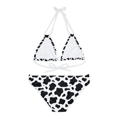 Cow Print String Bikini Set, Black White Animal High Waisted Cheeky Bottom Strappy Top Sexy Swimsuits Women Swimwear