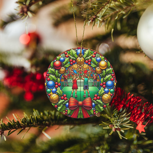 Pickleball Ceramic Ornaments, Sports Stained Glass Print Cute Christmas Tree Xmas Decor Decorations Wreath Holiday Ribbon Unique