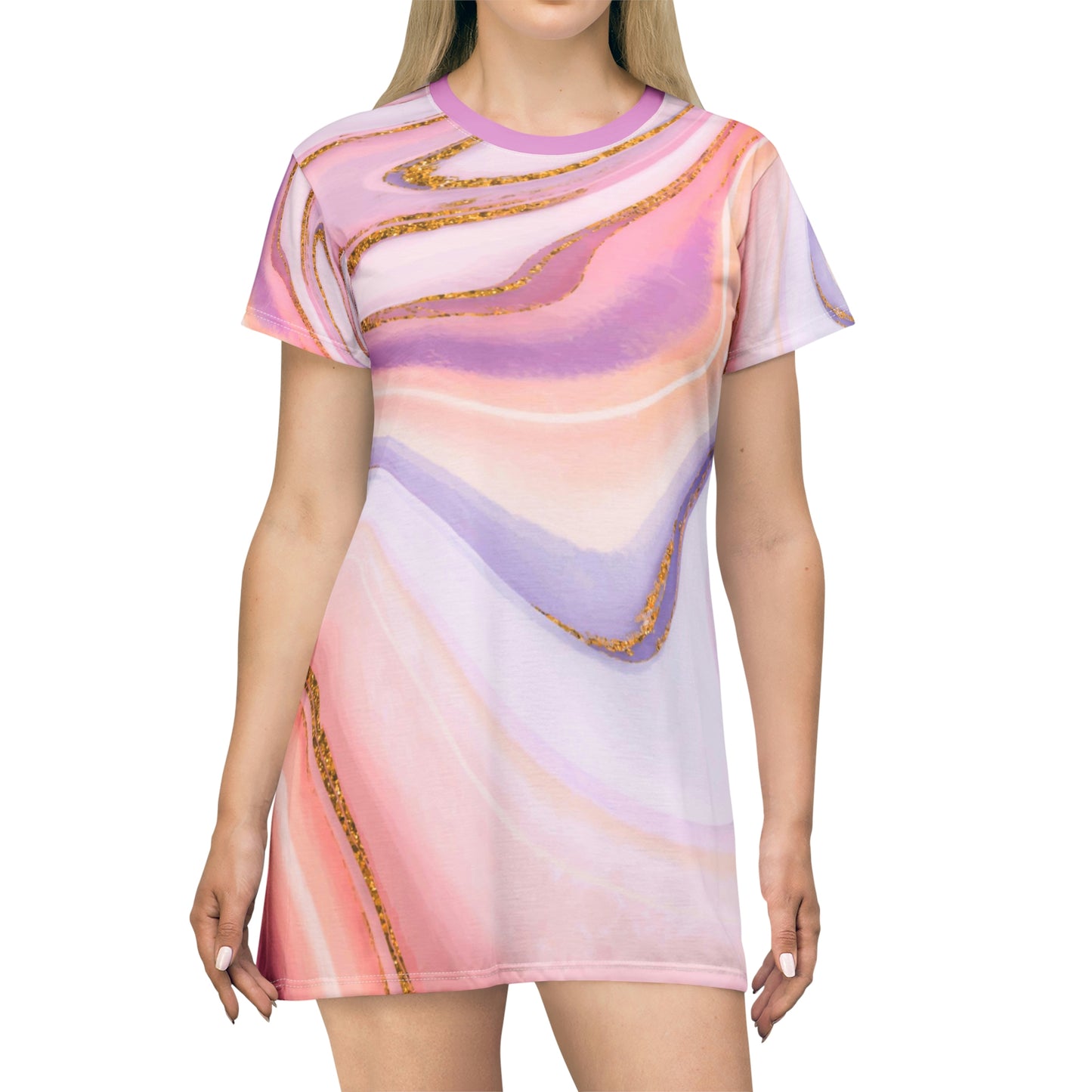 Pink Tshirt Dress, Geode Tye Dye Women Summer Beach Boho Cute Festival Casual Designer Short Sleeve Girls Ladies Tee