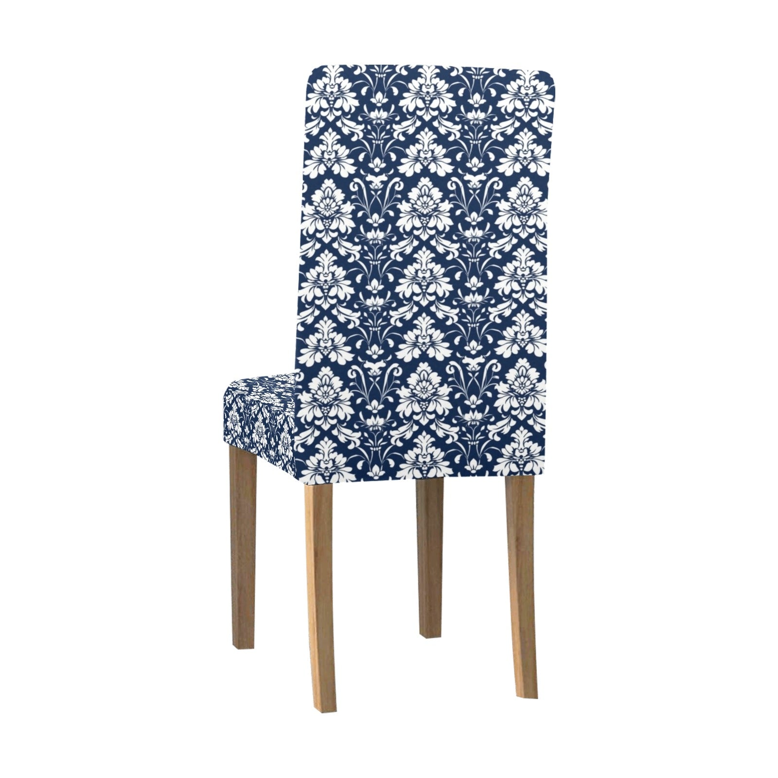 Navy Damask Dining Chair Seat Covers, Blue White Floral Stretch
