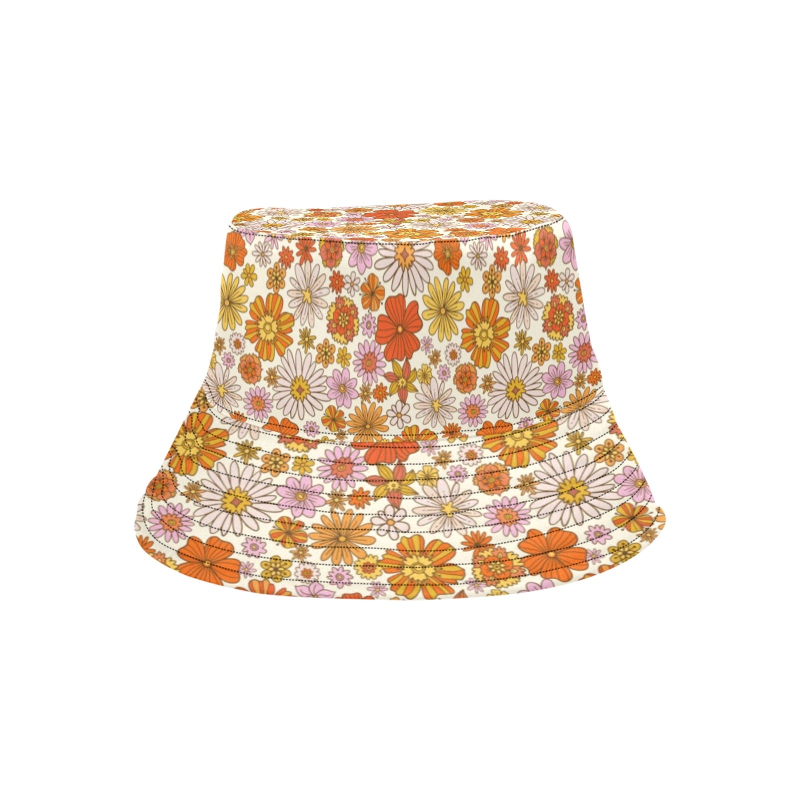 Groovy Flowers Bucket Hat, Retro Vintage Floral Orange Summer Festival Cute Women Men Designer Beach Sun Shade Y2K Cotton Twill Starcove Fashion