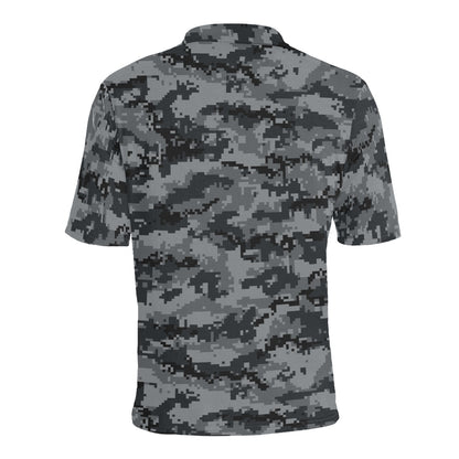 Camouflage Men Polo Collared Shirt, Digital Camo Grey Black Pattern Casual Summer Buttoned Down Up Shirt Short Sleeve Sports Golf Tee