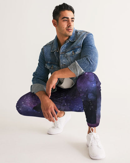 Galaxy Space Men Track Pants, Universe Stars Purple Zip Pockets Quick Dry Mesh Lining Lightweight Festival Elastic Waist Windbreaker Joggers Starcove Fashion