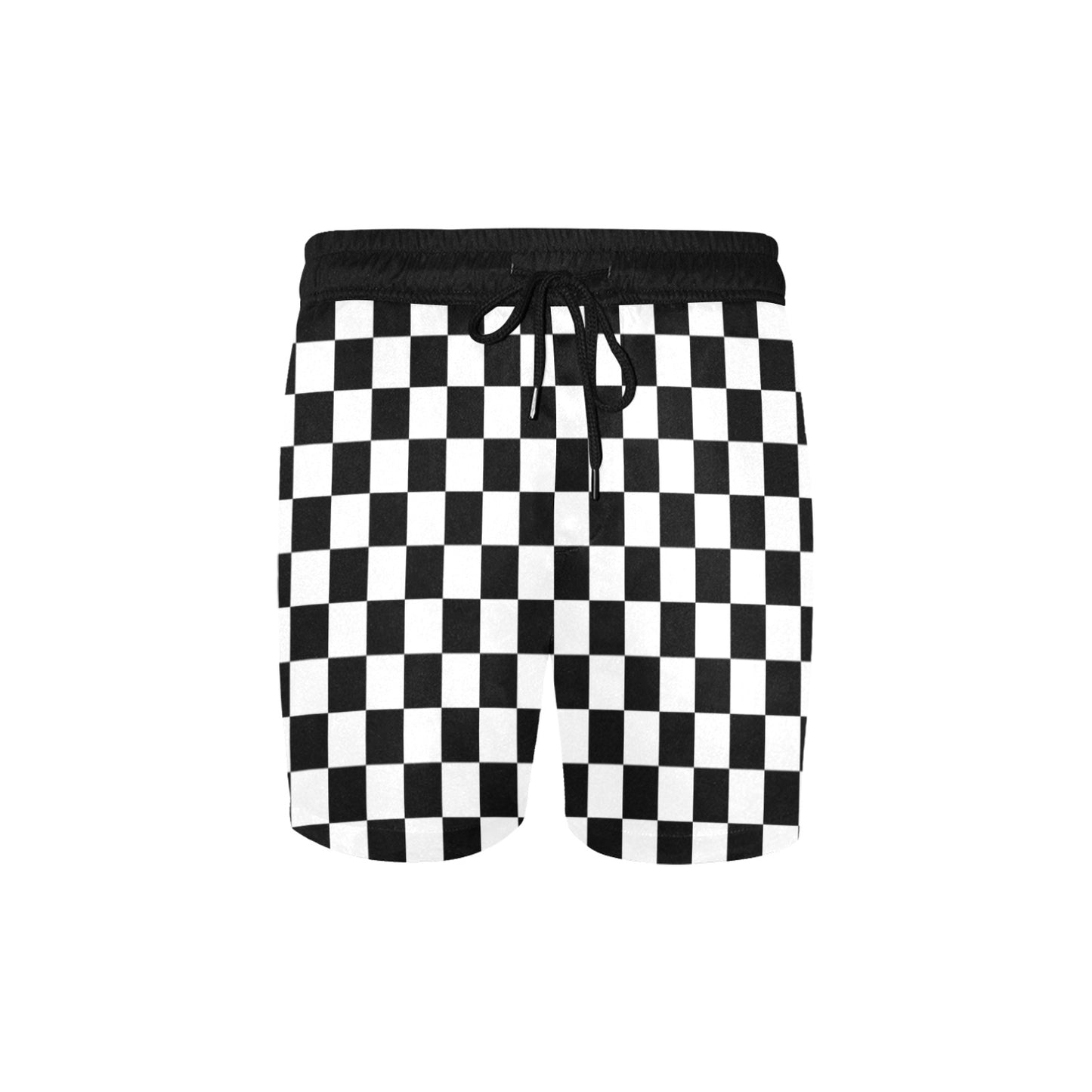 Checkered Men Mid Length Shorts, Black White Check Beach Swim Trunks with Pockets & Mesh Drawstring Boys Casual Bathing Suit Summer