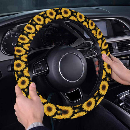 Sunflowers Steering Wheel Cover, Floral Flowers Cute Yellow Black Women Print Driving Car Auto Wrap Anti Slip Protector Neoprene 15 Inch