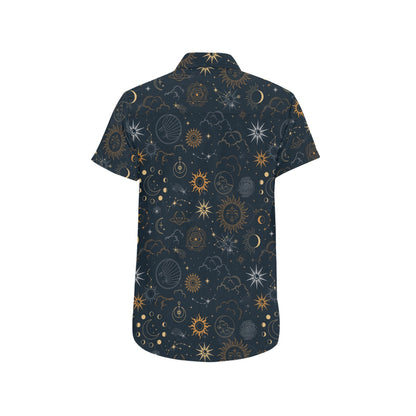 Space Short Sleeve Men Button Down Shirt, Sun Moon Constellation Universe Planet Theme Print Casual Buttoned Up Collared Dress Plus Size Starcove Fashion