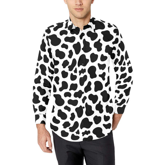 Cow Print Long Sleeve Men Button Up Shirt, Black White Animal Guys Male Print Buttoned Down Collared Graphic Casual Dress Shirt