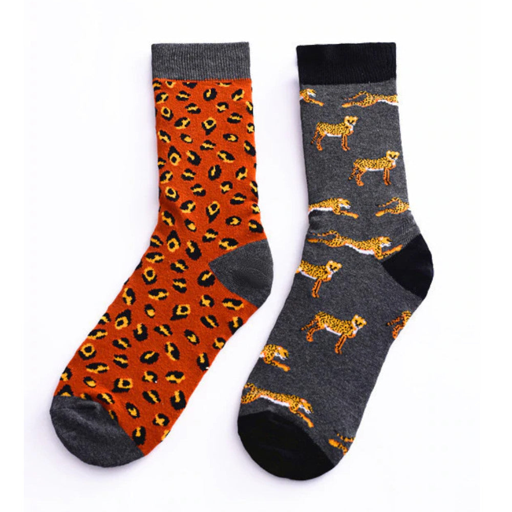 Leopard Mismatched Socks, Matching Animal Print Cheetah, Brown Grey Designer, Crew Cotton, Cool, Cute Crazy & Fun socks Starcove Fashion
