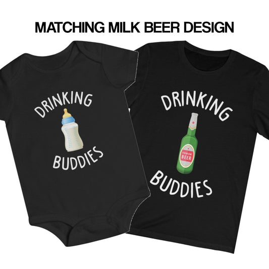 Matching Family Set (2), Drinking Buddies Milk Beer 1 Baby Bodysuit + 1 Shirt Bottle Father Son Daughter Dad Papa New Born Boy Girl Gift Tee Starcove Fashion