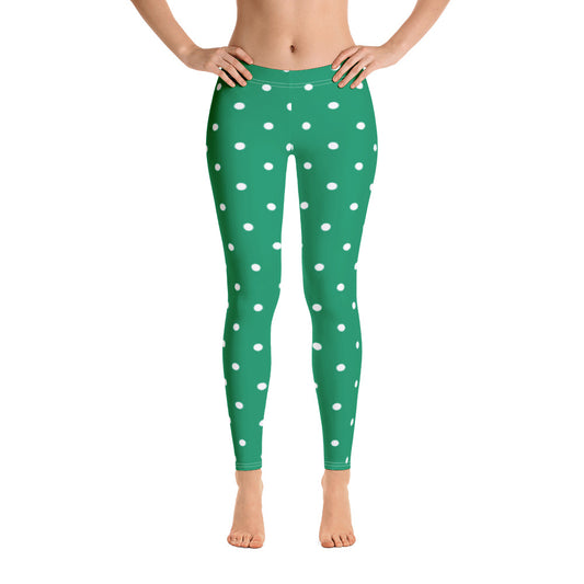 Green Polka Dot Leggings, Christmas Elf Xmas Holidays Yoga Pants, Printed Cute Graphic Workout Ugly Sweater Party Leggings Starcove Fashion