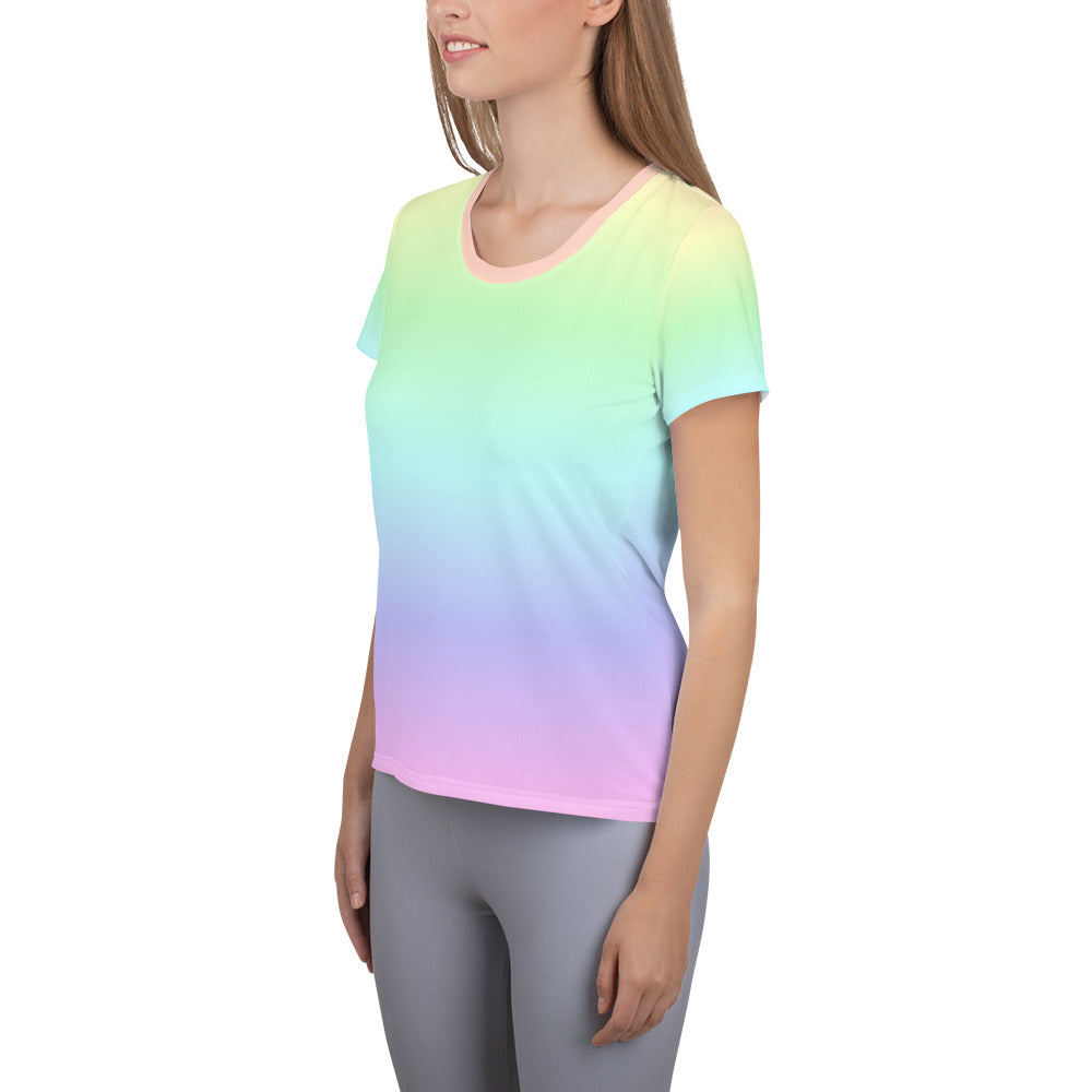 Pastel Rainbow Women Athletic Shirt, Pink Tie Dye Ombre Gradient Moisture Wicking Colorful Sport Graphic Workout Gym Fitness T-shirt Starcove Fashion