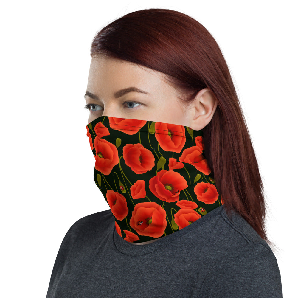 Wild Poppy Flower Face Mask Neck Gaiter, Red Floral Face Cover Scarf Headband Fashion Cloth Bandanna Balaclava Made In USA Starcove Fashion