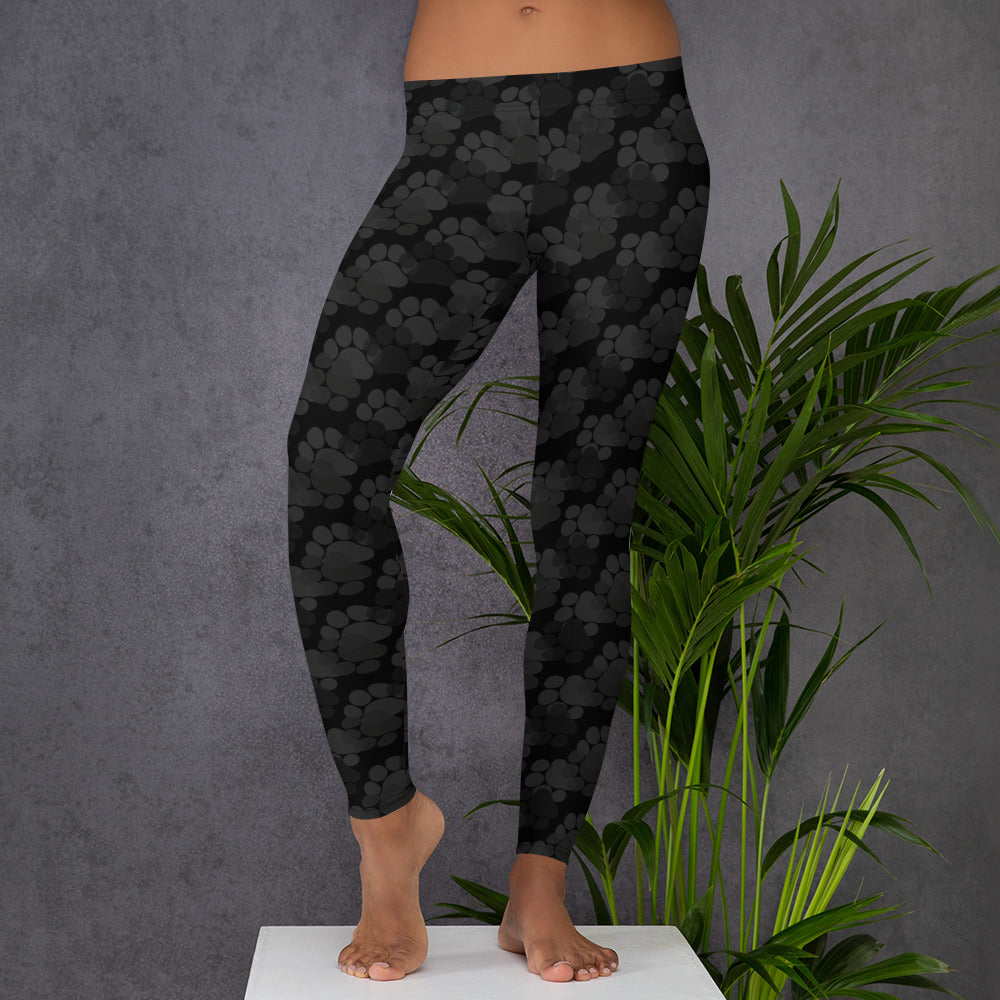 Dog Paws Camo Leggings, Black Grey Camouflage Printed Yoga Pants Cute Print Graphic Workout Running Gym Fun Designer Gift for Her Activewear Starcove Fashion