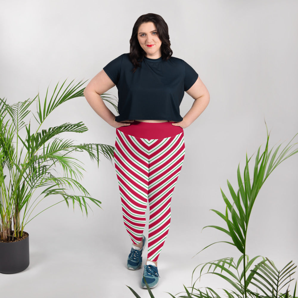 Candy Cane Plus Size Christmas Leggings, Holiday Printed Elf Santa Xmas Red White Green Striped High Waisted Rise Workout Yoga Pants (2-6XL) Starcove Fashion
