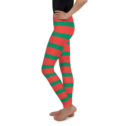 Elf Red Green Striped Youth Girls Leggings, Christmas Party Santa Xmas Holiday Costume Printed Graphic Yoga Pants Cute Workout Starcove Fashion