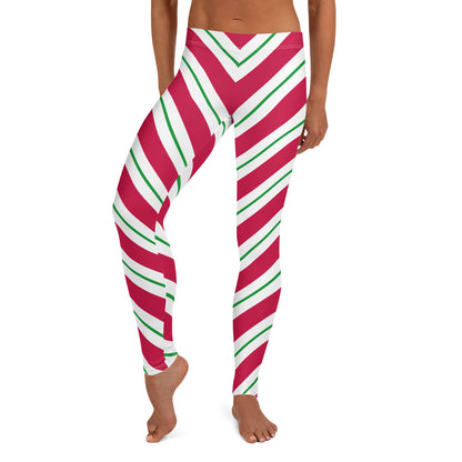 Candy Cane Leggings, Red Green Christmas Graphic Printed Striped Winter Yoga Wear Clothing Women's Activewear Style Holiday Xmas Gift Starcove Fashion