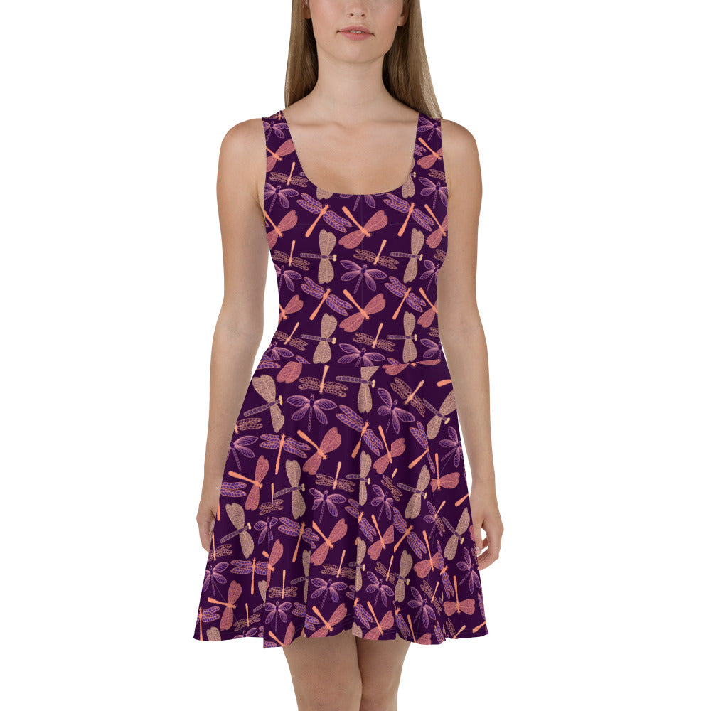 Purple Dragonfly Skater Dress, Summer Bug Insect Print Sleeveless Mini ...