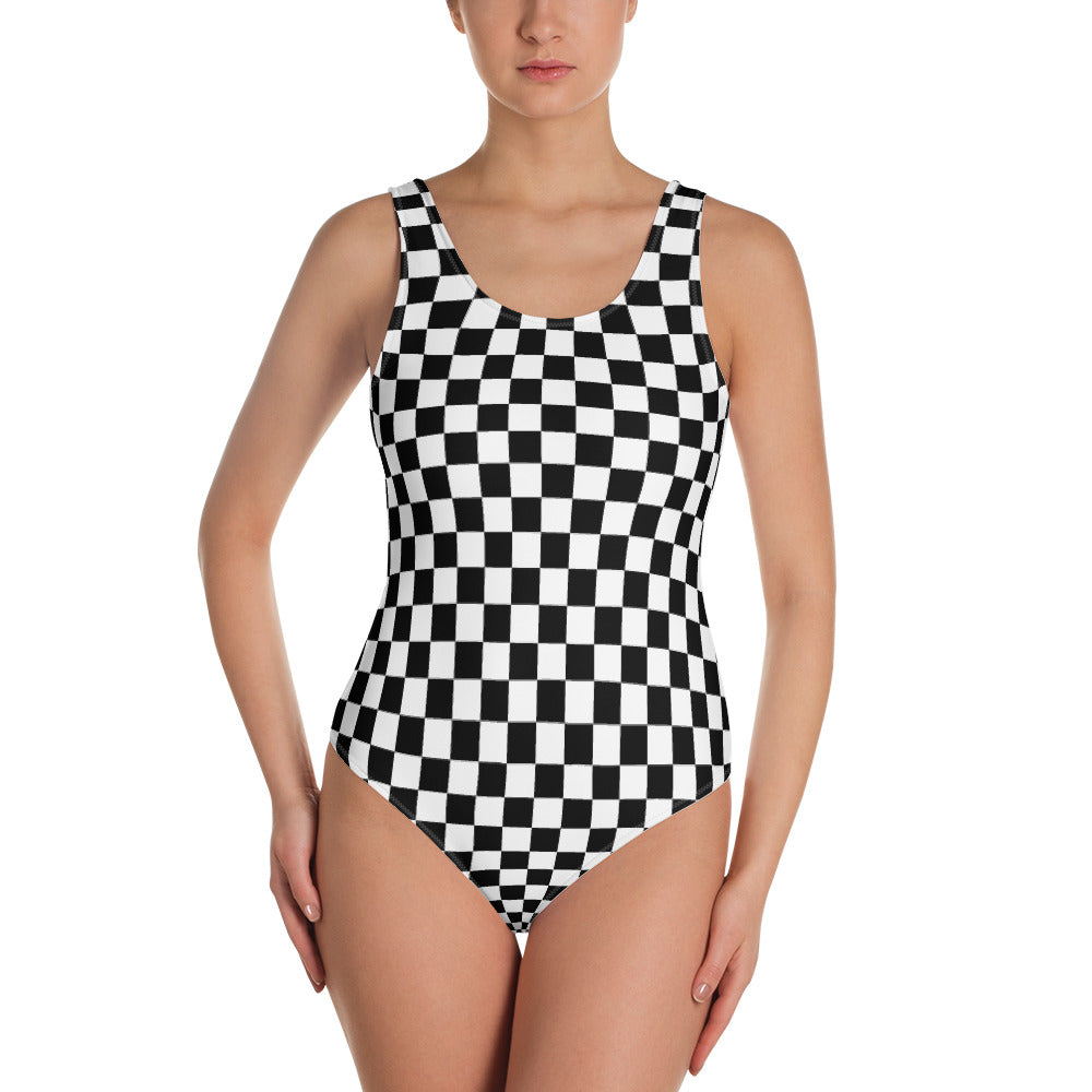 Checkered Flag One Piece Swimsuit, Black White Racing Check Bathing Suit For Women Swim Swimming Swimwear Starcove Fashion