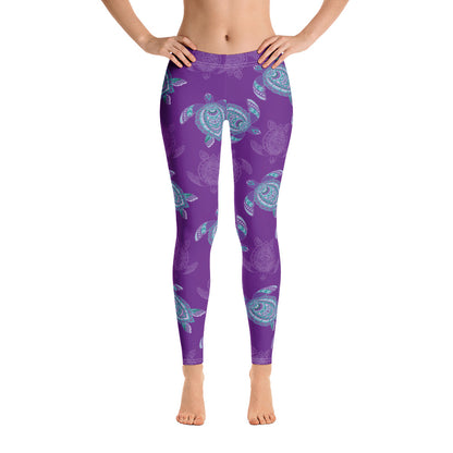 Sea Turtle Leggings, Purple Blue Ocean Printed Pattern Print Yoga Pants Cute Graphic Workout Running Gym Fun Designer Patterned Gift Starcove Fashion