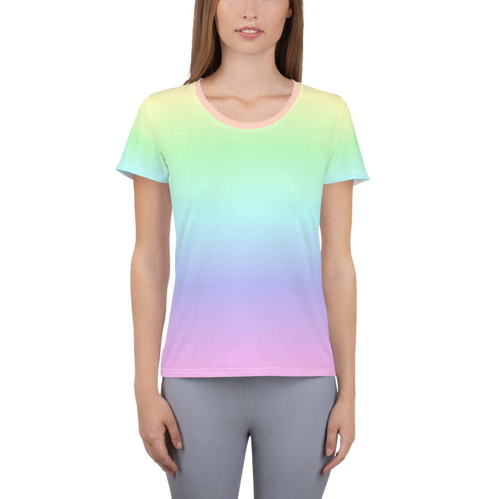 Pastel Rainbow Women Athletic Shirt, Pink Tie Dye Ombre Gradient Moisture Wicking Colorful Sport Graphic Workout Gym Fitness T-shirt Starcove Fashion