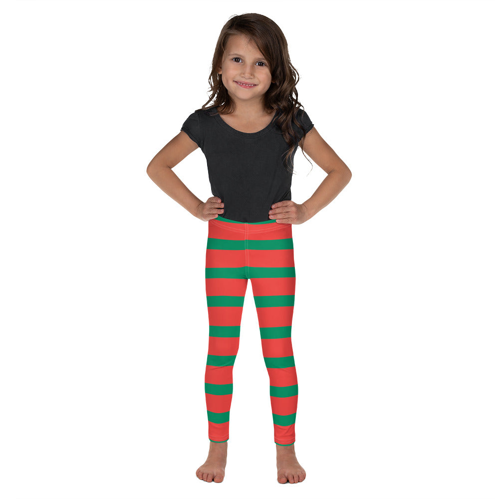 Elf Red Green Striped Kids Girls Leggings (2T-7), Christmas Party Santa Xmas Holiday Costume Printed Graphic Yoga Pants Cute Workout Starcove Fashion