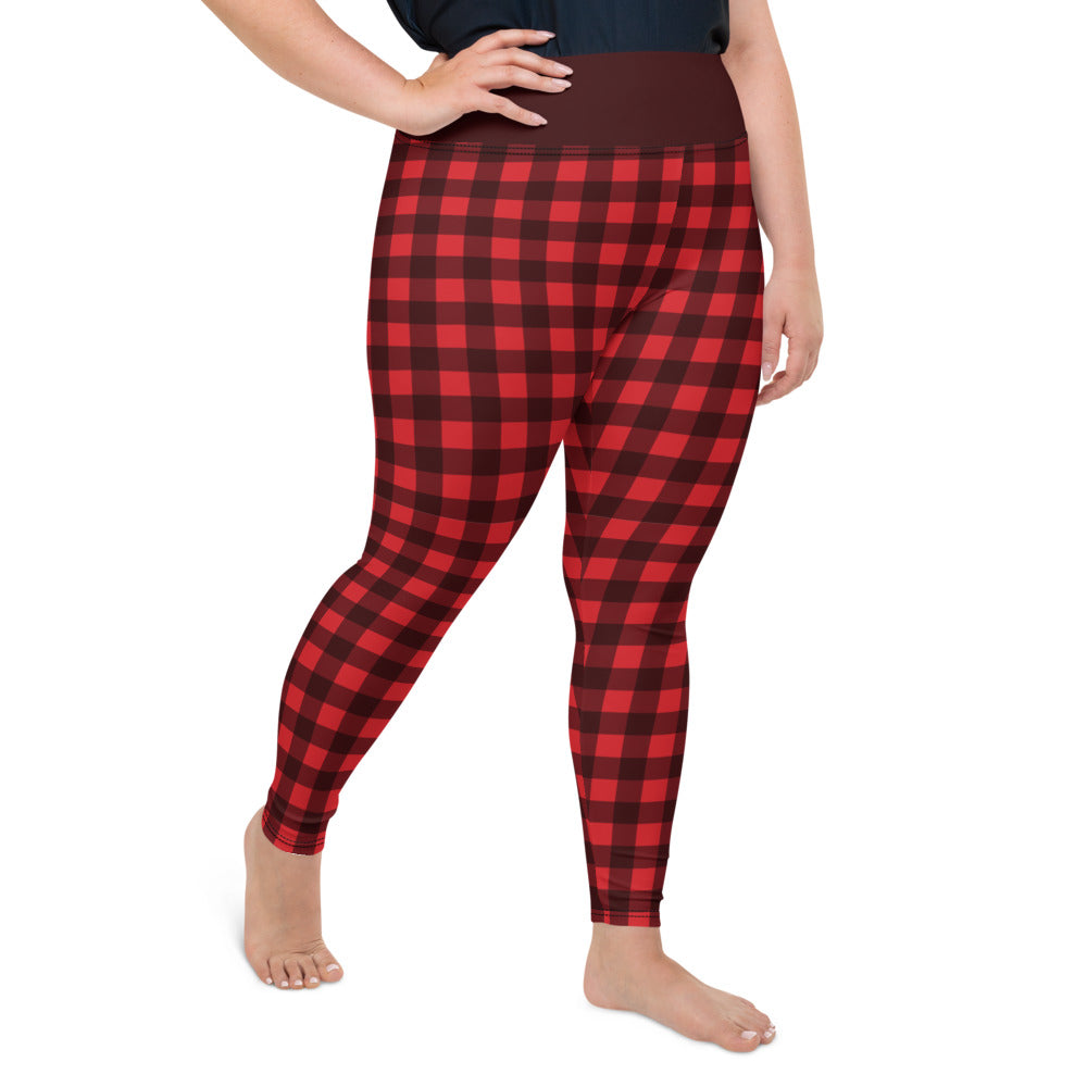 Red Plaid Plus Size leggings, Buffalo Plaid Check Checkered Pattern Printed Graphic Workout Yoga Pants Trendy Women Fashion Clothes Starcove Fashion