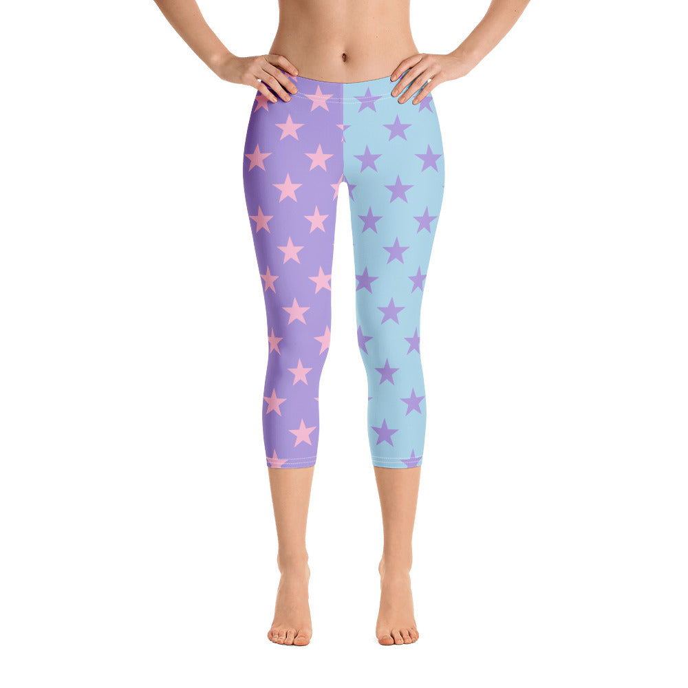 Star Capri Leggings, Color Block Pastel Purple Blue Pink Workout Party Gym Yoga Pants Mid High Rise Starcove Fashion