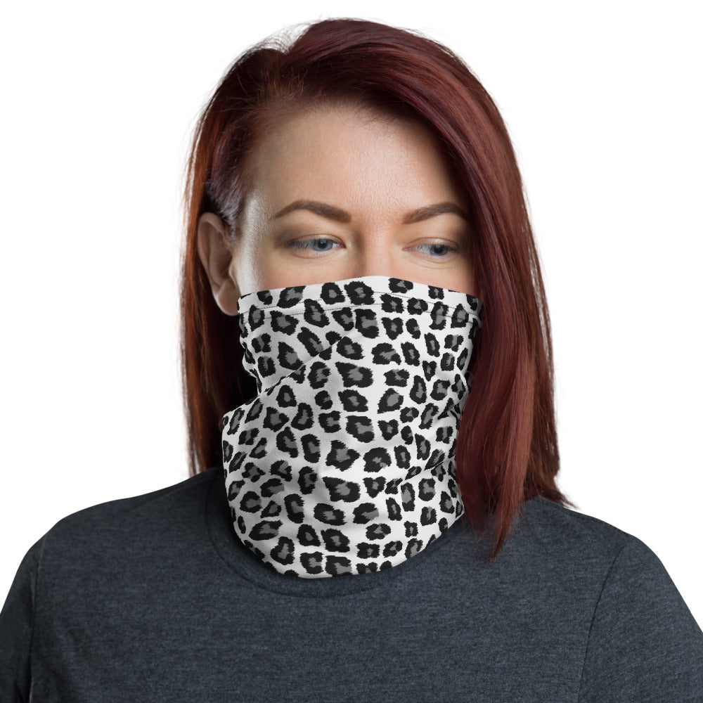 Snow Leopard Print Face Mask Washable Neck Gaiter, Black White Animal Reusable Mouth Shield Covering Neck Warmer Bandanna Scarf Starcove Fashion