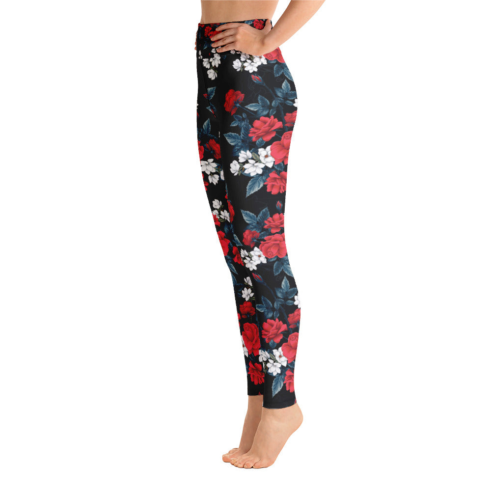 Floral Leggings for Women, Red Rose Flowers Black Yoga Pants High Rise ...