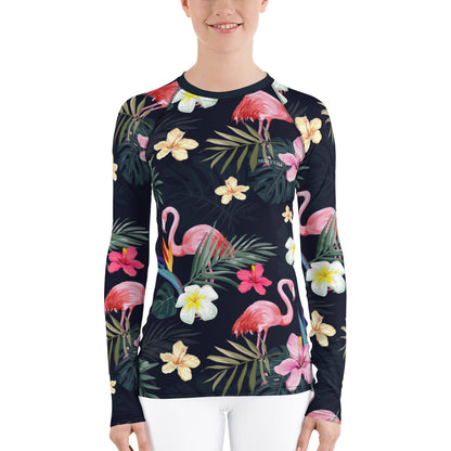 Women's Rash Guard with Tropical Print featuring Pink Flamingo, Flowers Hibiscus Floral Designs, UPF Protection Surf Swim Wear Cover Up Shirt Top Starcove Fashion
