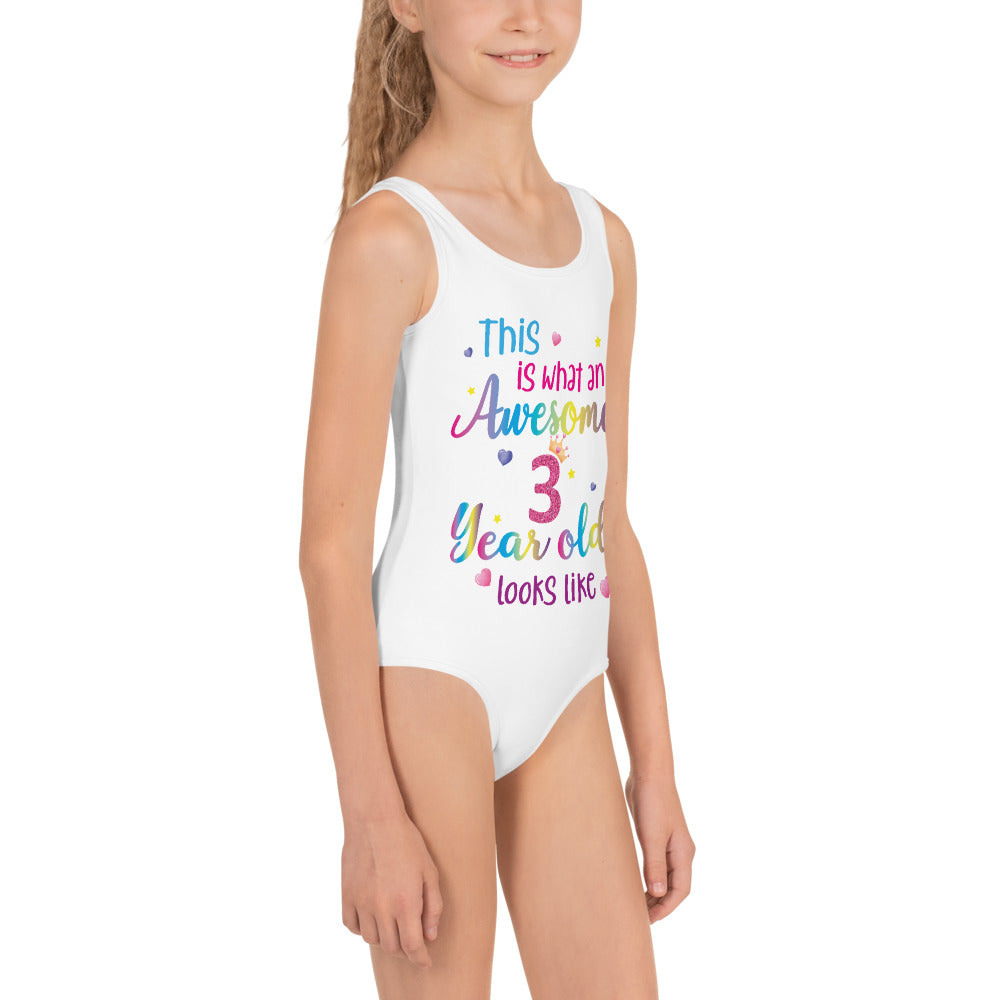 This is What an Awesome 3 Year Old Looks Like Girls Swimsuit, Birthday 3rd Third Year Fun Rainbow Party Gift Kids One Piece Bathing Suit Starcove Fashion