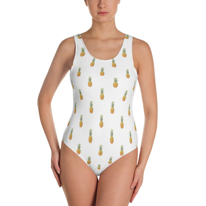 White Pineapple Swimsuit, Tropical Print Summer Fruit One Piece Women's Bathing Suit Swimwear Starcove Fashion