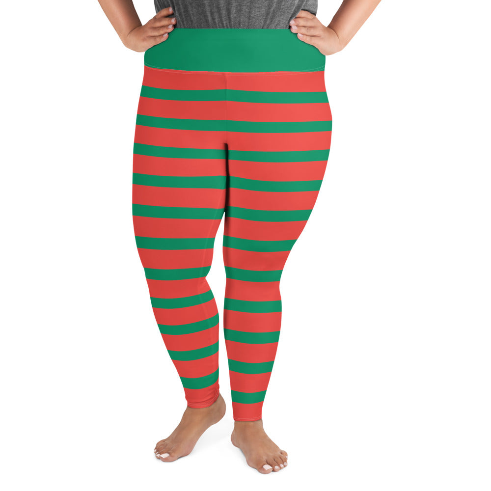 Plus Size Leggings, Elf Christmas Leggings for Women, Red Green