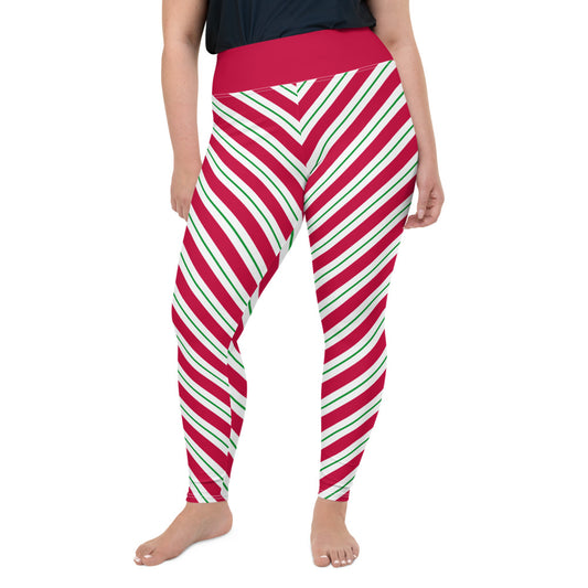 Candy Cane Plus Size Christmas Leggings, Holiday Printed Elf Santa Xmas Red White Green Striped High Waisted Rise Workout Yoga Pants (2-6XL) Starcove Fashion
