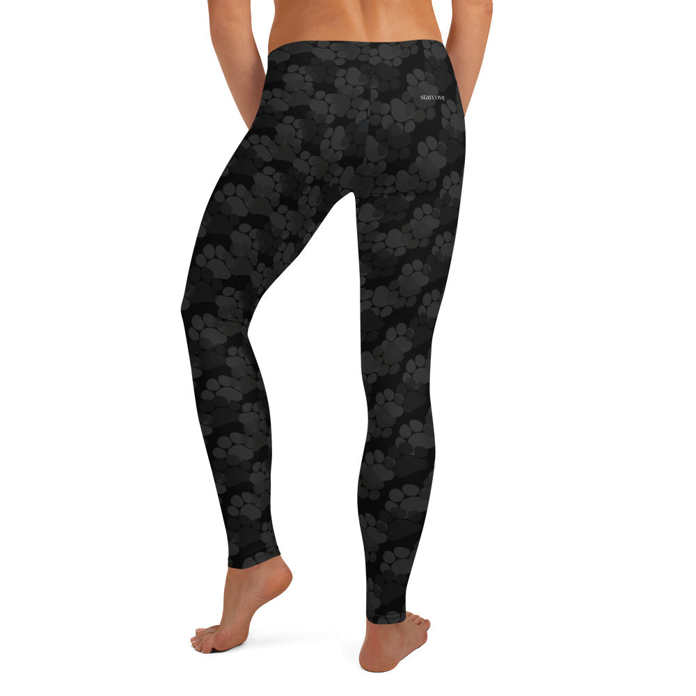 Dog Paws Camo Leggings, Black Grey Camouflage Printed Yoga Pants Cute Print Graphic Workout Running Gym Fun Designer Gift for Her Activewear Starcove Fashion