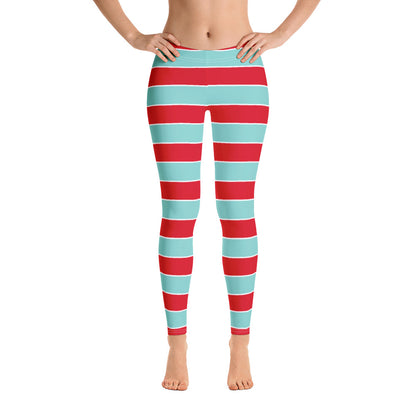 Candy Cane Leggings, Christmas Red Aqua Blue Graphic Printed Striped Winter Yoga Wear Clothing Women's Activewear Style Holiday Xmas Gift Starcove Fashion
