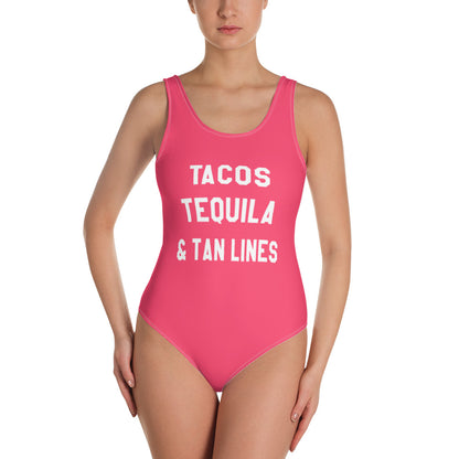 Tacos Tequila and Tan Lines Swimsuit Woman, Watermelon Pink One-Piece Swimsuit, Funny Sexy Bathing Suit Beach Birthday Party Swimwear Starcove Fashion