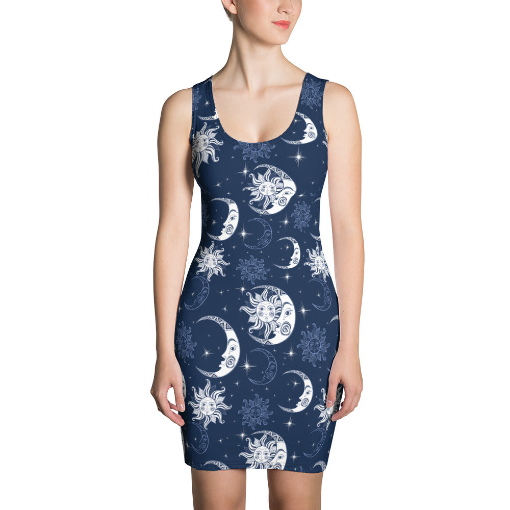 Constellation Dress, Blue Retro Sun Moon Outer Space Celestial Stars Night Sky Galaxy Dress Astrology Planet Party Bodycon Mini Pencil Woman M