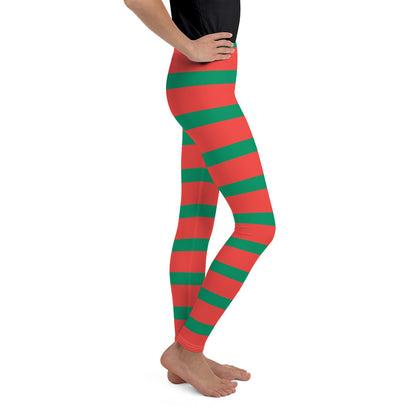 Elf Red Green Striped Youth Girls Leggings, Christmas Party Santa Xmas Holiday Costume Printed Graphic Yoga Pants Cute Workout Starcove Fashion