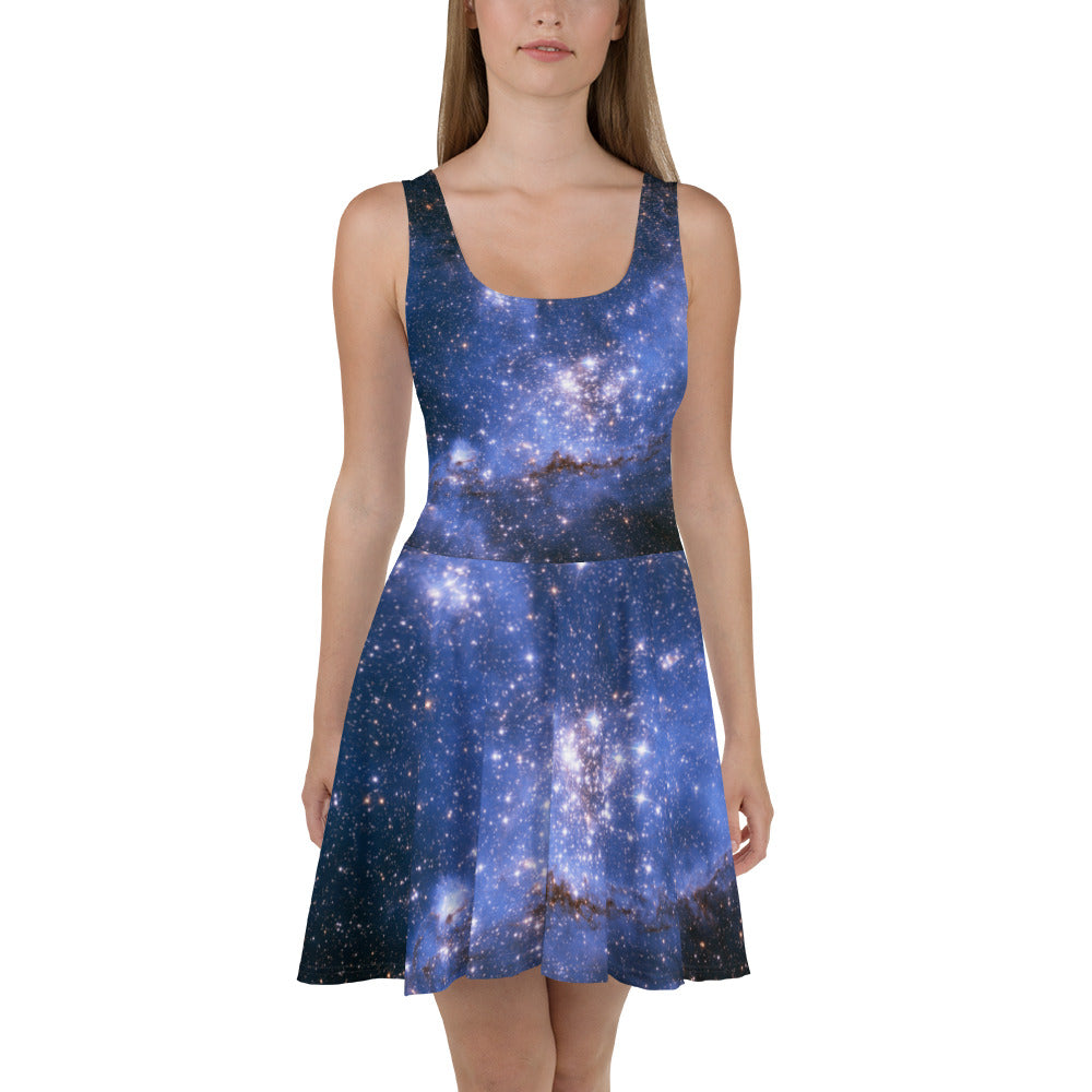 Blue Galaxy Skater Dress Women, Outer Space Print Night Sky Stars Starry Constellation Celestial Nebula Halter Festival Sleeveless Starcove Fashion