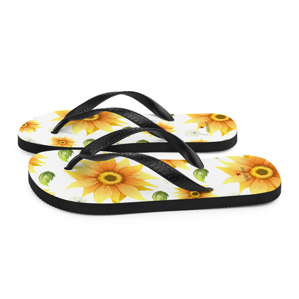 Sunflower Flip Flops, Floral Flower Footwear, White Yellow Thong Sandals, Woman Men Beach Sunflower Print Shoes Starcove Fashion