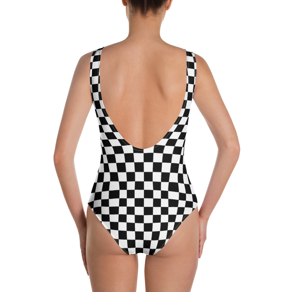 Checkered Flag One Piece Swimsuit, Black White Racing Check Bathing Suit For Women Swim Swimming Swimwear Starcove Fashion